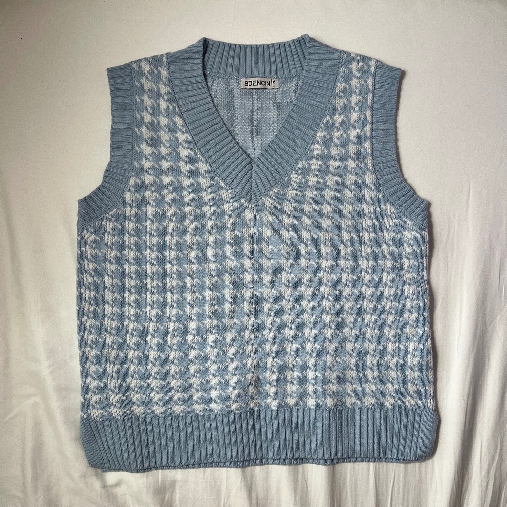 Blue and white houndstooth sweater vest